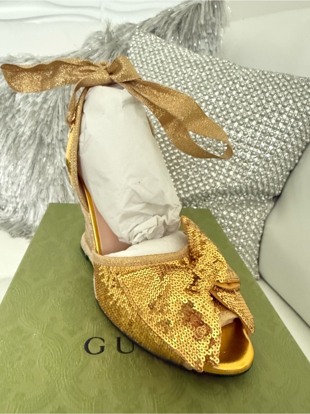 Gucci Gold Sequin Espadrille Wedge Sandals with Ankle Wrap - Picture 2 of 11